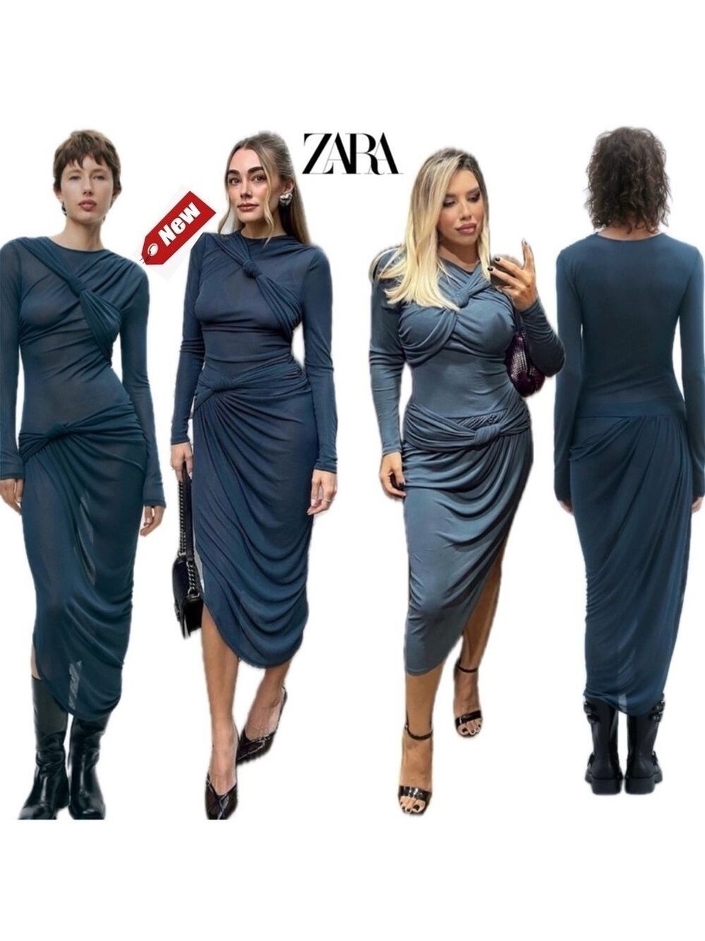 Zara ZW Collection asymmetrical twisted knotted long sleeve dress slate blue S